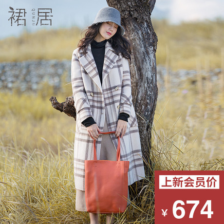 裙居格子毛呢外套女中长款秋装2018新款加厚风衣宽松双面呢子大衣商品大图