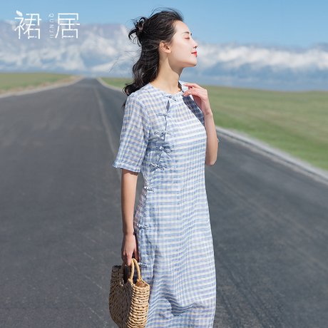 裙居蓝色五分袖改良旗袍连衣裙女夏2018新款中长款文艺印花长裙子商品大图