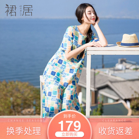 裙居棉麻印花连衣裙女夏2018新款中长款A字裙大码文艺宽松长裙子商品大图