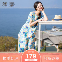 裙居棉麻印花连衣裙女夏2018新款中长款A字裙大码文艺宽松长裙子图片