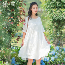 裙居五分袖亚麻白色连衣裙女夏2018新款清新圆领宽松仙女裙中裙子图片