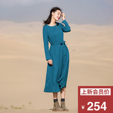 裙居孔雀蓝长袖连衣裙女秋装2018新款中长款棉质A字裙收腰长裙子图片