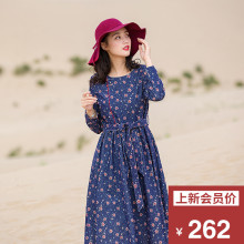 裙居藏蓝色长袖棉质连衣裙秋装女2018新款中长款文艺宽松印花长裙图片