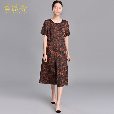 香薇姿夏装新款中老年真丝香云纱连衣裙复古大码女桑蚕丝妈妈裙子商品大图