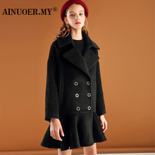 AINUOER.MY2018冬装新款女装翻领长袖荷叶边双排扣毛呢外套中长款图片