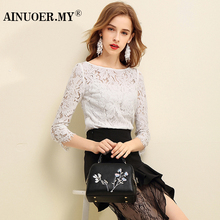 AINUOER.MY2018秋装新款七分袖睫毛蕾丝衫女显瘦镂空白色打底上衣