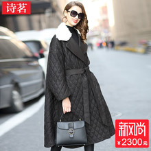 诗茗2018冬欧美时髦女装菱格纹系带真皮皮衣女棉服大摆皮风衣外套图片