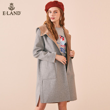 【预售】ELAND2018秋冬女装韩版简约连帽不规则开口羊毛大衣外套图片