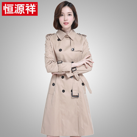 恒源祥2018年春季新品女士风衣中长款纯色上衣双排扣显瘦修身外套商品大图