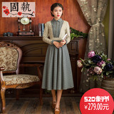 固执2018新款春季女装文艺复古修身碎花拼接长袖中长娃娃领连衣裙