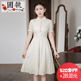 固执木槿暖夏2018夏季新品女装文艺复古绣花短袖高腰显瘦连衣裙