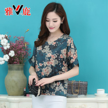 yaloo/雅鹿中老年女装妈妈装夏季短袖休闲圆领T恤宽松套头上衣女图片