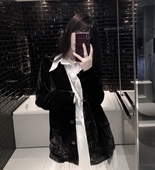 CHICYOU 黑色100%真丝丝绒暗黑风质感薄款百搭宽松衬衫外套防晒衫
