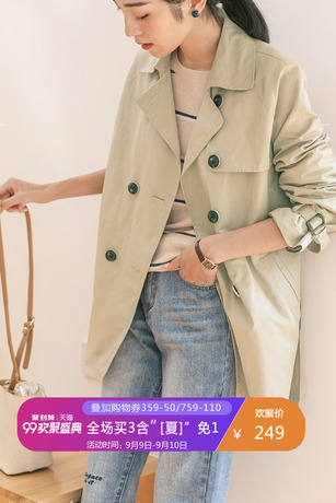 CLOUDSPACE女装韩版休闲风衣女中长款双排扣西装领外套上衣F0057商品大图