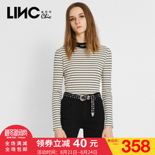 LINC金羽杰2018秋装新款小立领绣字条纹体恤女打底衫长袖8311392图片