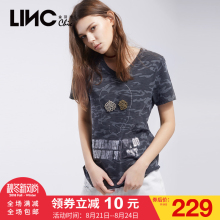 LINC金羽杰2017夏季新款时尚钉珠印花上衣迷彩T恤女短袖7111432图片