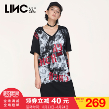 金羽杰LINC2017秋装新款时尚V领个性印花中长款连衣裙宽松7361702图片
