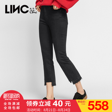 LINC金羽杰2018秋装新款拼接不规则喇叭裤女牛仔裤修身潮8322294商品大图