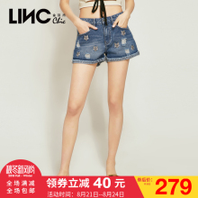 LINC金羽杰2018夏季新款女装LINC猫头刺绣做旧女牛仔短裤8221807图片