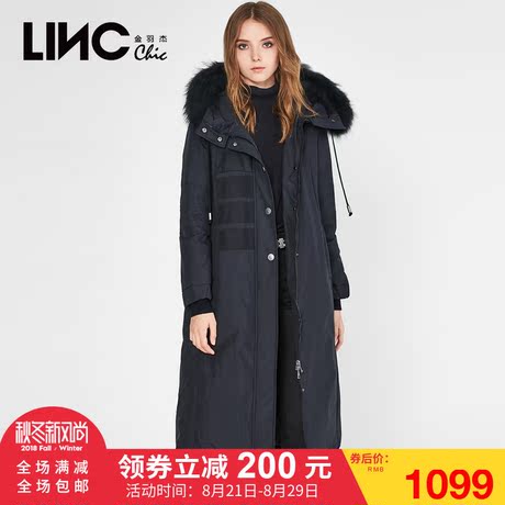 LINC金羽杰冬装新款街头撞色拼接大毛领羽绒服女长款过膝韩版潮商品大图