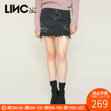 LINC/金羽杰2018春季新款做旧烫钻毛边牛仔裙A字裙短裙8121850图片