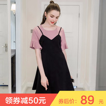 奢姿大码女装2018夏洋气减龄裙子200斤胖mm宽松撞色假两件连衣裙图片