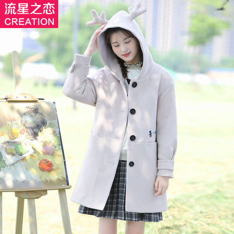少女韩版加厚毛呢外套2018秋冬季新款初中学生冬装呢子大衣中长款商品大图