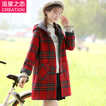 少女韩版格子秋季毛呢大衣新款学院风初中学生冬装呢子外套中长款图片