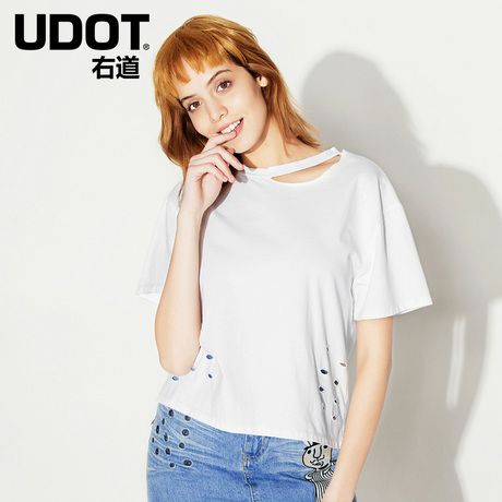 Udot/右道2018夏装新款女宽松短袖T恤 镂空裁剪心机上衣UT5107商品大图
