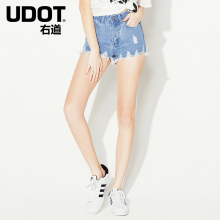 UDOT右道2018夏高腰牛仔短裤韩版显瘦磨白磨破牛仔热裤女UU6471图片