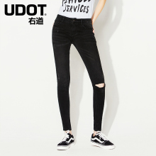 UDOT右道2018秋中腰小脚长裤膝盖割破黑色显瘦牛仔裤女UU6164图片