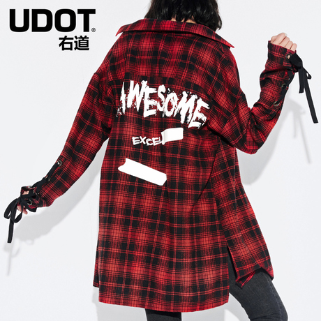 UDOT右道春中长款复古红黑格子衬衫宽松落肩袖女绑带上衣UC5257商品大图