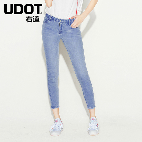 UDOT右道2018夏中腰小脚裤紧身显瘦长裤弹力水洗牛仔裤女UU6163商品大图