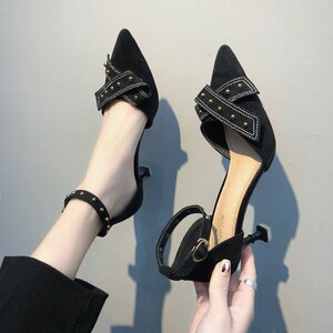 2019春季新款百搭尖头浅口中空单鞋细跟猫跟一字扣蝴蝶结高跟鞋女