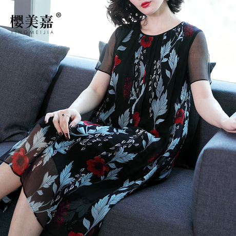 樱美嘉宽松真丝连衣裙女夏季新款印花短袖大码中老年桑蚕丝裙子商品大图