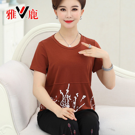 中年女新款夏妈妈短袖t恤女夏装妈妈装 女上衣中年2018休闲老年人商品大图