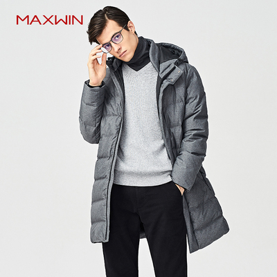 MAXWIN马威羽绒服长款冬季大衣男式纯色连帽加长羽绒服保暖长外套