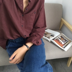 小阿飞家 气质暗红色全棉长袖衬衫