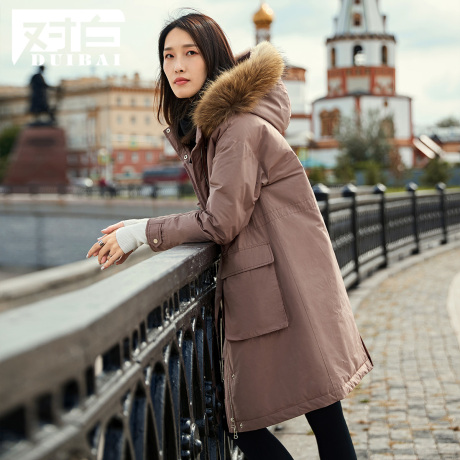 【双11预售】对白毛领连帽中长款羽绒服女织带收腰下摆开叉厚外套商品大图