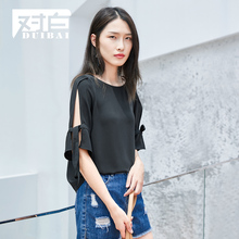 对白镂空绑带微喇雪纺衫短袖女2018新款夏装上衣黑色简约洋气小衫图片