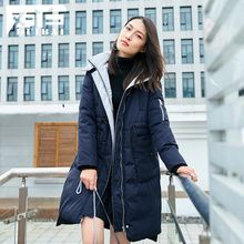 对白撞色拼接棉衣女中长款2018冬装新款休闲直筒长袖保暖棉服外套图片