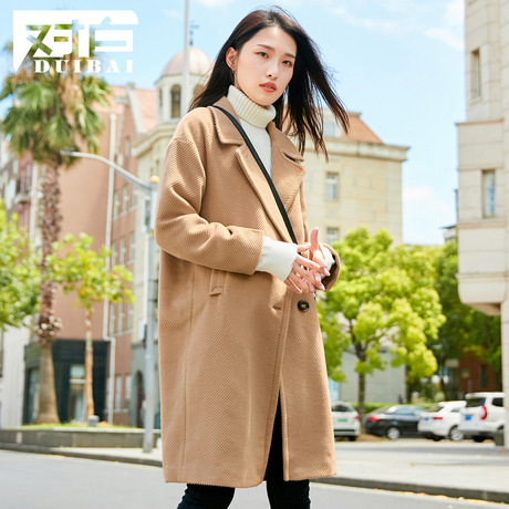 对白时尚斜纹廓形毛呢大衣女 2018冬装新款 休闲纯色中长呢子外套商品大图