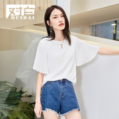 对白喇叭袖雪纺衫女上衣夏2018新款镂空简约纯色时尚洋气小衫商品大图