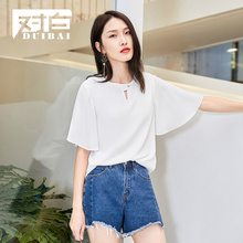 对白喇叭袖雪纺衫女上衣夏2018新款镂空简约纯色时尚洋气小衫图片