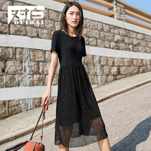 对白网纱拼接短袖连衣裙女2018新款夏装时尚透视弹力休闲打底裙子图片