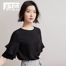 杜鹃同款对白短袖雪纺衫女夏装2018新款荷叶边甜美纯色简约上衣图片