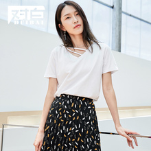 对白V领镂空系带弹力T恤女短袖2018新款直筒休闲纯色简约上衣服夏图片