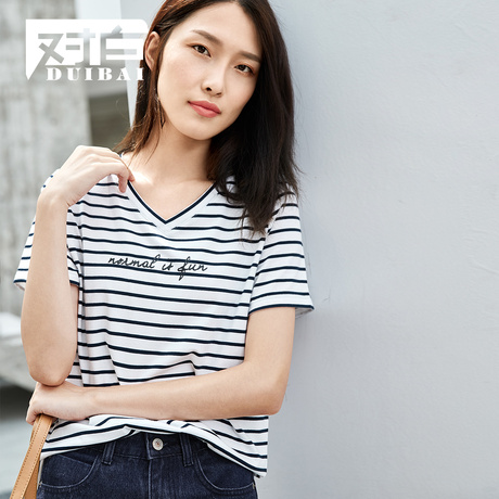 对白V领条纹T恤女短袖夏2018新款字母印花棉质简约弹力休闲上衣服商品大图