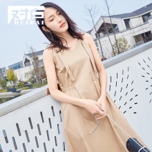 对白纯棉收腰A字吊带裙2018夏装新款裙子V领浅卡其中长款连衣裙女图片