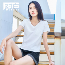 对白夏装短袖白色T恤女2018新款V领高弹力后背镂空拼接基础上衣图片